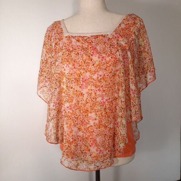 Naif Sheer Flowy Cottagecore Orange Floral Stretch Liner Crochet Trim SZ Medium - Picture 1 of 10